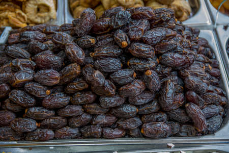 Dried dates (fruits of date palm) for sale in the Mahane Yehuda Market, Jerusalem, Israelの写真素材