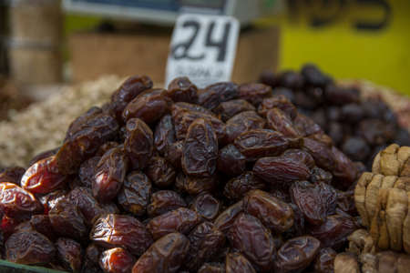 Dried dates (fruits of date palm) for sale in the Mahane Yehuda Market, Jerusalem, Israelの写真素材