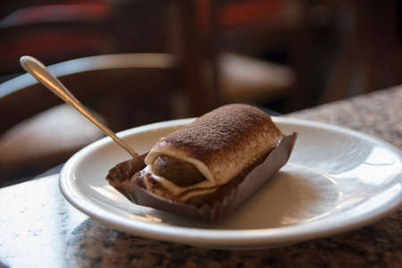 Close up of a Tiramisu, a coffee flavoured Italian dessert. It is made of ladyfingers dipped in coffee, layered with a whipped mixture of eggs, sugar, and mascarpone cheeseの写真素材