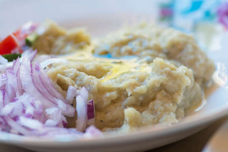 Close up of a grilled eggplants cream, served with fresh red onion and olive oil