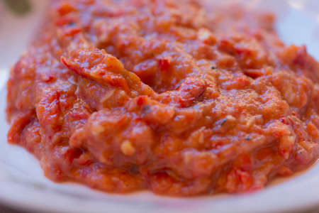 Salata de ardei copti, typical Romanian salad of Roasted red bell peppers,