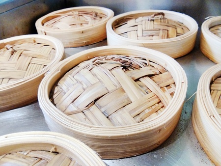 Bamboo Steamer Wicker on Serving Cart, Ready to Serveの写真素材