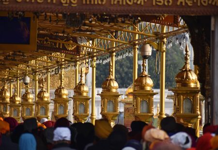 selective focused beautiful view of golden temple shri Harmandir Sahib in Amritsarの写真素材