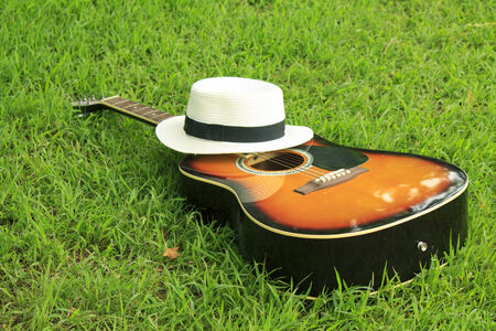 Single guitar against green grassの写真素材