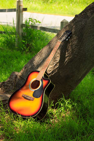 Single guitar against green grass Stock Photoの写真素材