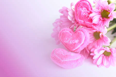 heart fabric with pink chrysanthemumの写真素材