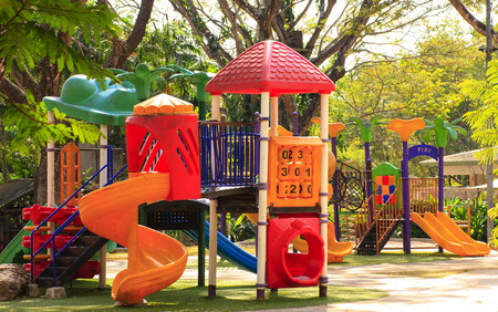 Decorated empty playground on beautiful autumn sunの写真素材