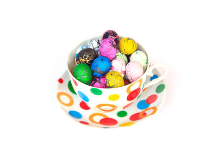 Traditionally painted Easter eggs on white background.の写真素材