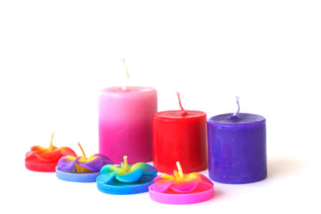 Beautiful composition with candles on white backgroundの写真素材