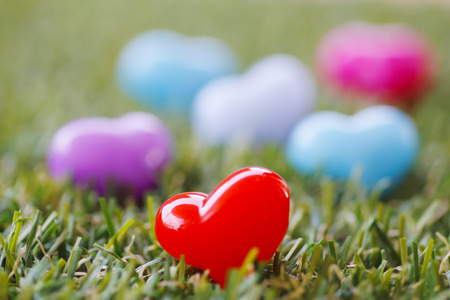 Love for Valentine's day: red beads with a shape of a heart on grass