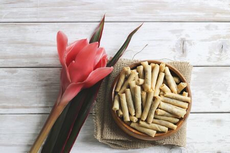 Fried Spring rolls food on wood backgroundの写真素材