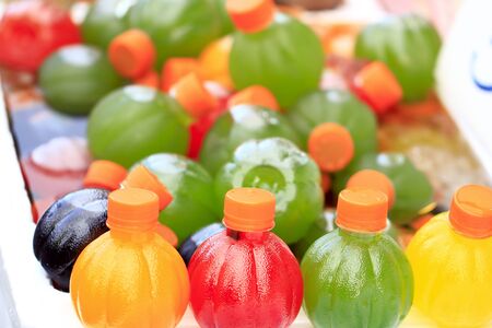 Organic cold-pressed raw vegetable juices in glass bottlesの写真素材
