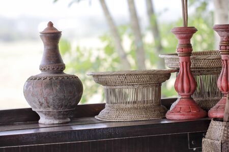 Wicker basket on the floor, rustic home interior decorの写真素材