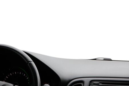 Car inside interior, dashboard, steering wheel. Black leather interior.composition. Concept and ideaの写真素材
