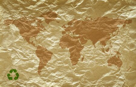 Grunge paper with map background and recycle symbol