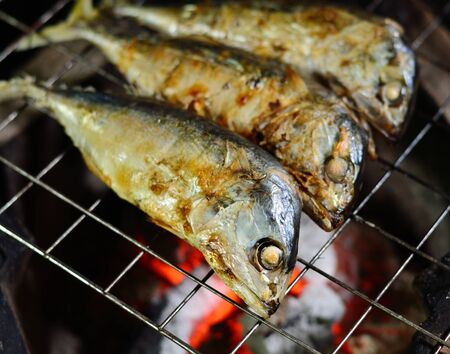 Grilling of mackerel over fireの写真素材