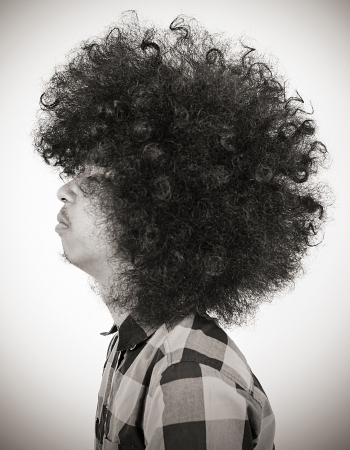 lateral of man with long hair  Black and White の写真素材