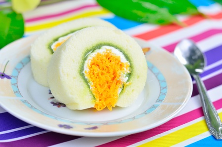Angel hair soft cake on dish and colorful backgoundの写真素材