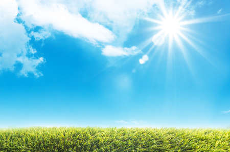 Background for template design by nature green grass meadow with cloud blue sky and sunの写真素材