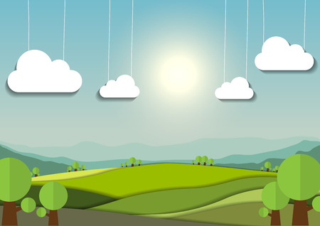Hand drawn nature landscape background, cute horizontal flat design with white cut out paper cloudsのイラスト素材