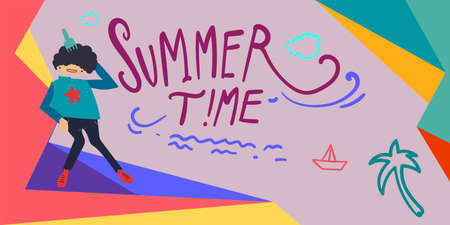 Summer holiday season banner illustration flat cartoon kids doodle drawing styleの写真素材
