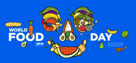 World Food Day Banner Vector Illustration Various Food, Fruits, and Vegetables. Vector Colorful Doodle Food Illustration for Website, Landing Page, Banner, Poster, Print, Story, Social Media, and advertisement.のイラスト素材