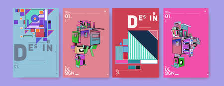 Trendy Abstract Colorful Geometric and Curve Vector Illustration Collage with Typography for Cover, book, social media story, and Page Layout Design.のイラスト素材