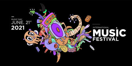 Vector doodle illustration banner and poster world music day 2021のイラスト素材