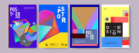 Abstract colorful collage poster design template. Cool geometric and retro cover design. Blue, yellow, red, orange, pink and green background. Vector banner poster template.の写真素材