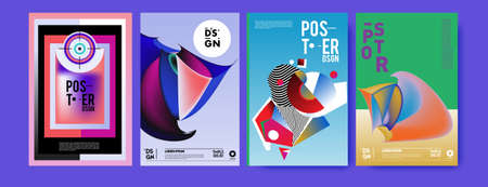 Abstract colorful collage poster design template. Cool geometric and retro cover design. Blue, yellow, red, orange, pink and green background. Vector banner poster template.の写真素材