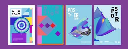 Abstract colorful collage poster design template. Cool geometric and retro cover design. Blue, yellow, red, orange, pink and green background. Vector banner poster template.の写真素材