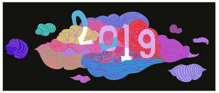2019 new year card with abstract doodle colorful background banner pattern set