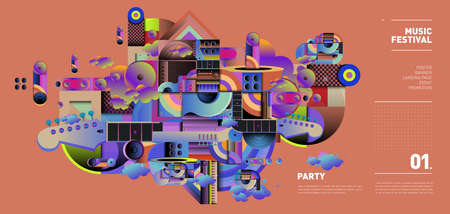 Music Festival Illustration Design for Party and Event. Vector Illustration Collage of Music for Background and Wallpaper design.の写真素材