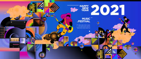 New Year 2021 Music Festival and Party celebration banner template. Rock, blues, jazz, New Year...