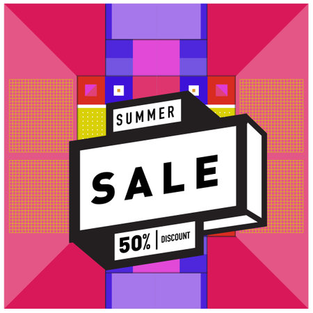 Summer sale memphis style web banners. Fashion and travel discount poster. Vector holiday Abstract colorful illustration with special offer and promotion.のイラスト素材