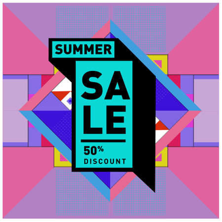Summer sale memphis style web banners. Fashion and travel discount poster. Vector holiday Abstract colorful illustration with special offer and promotion.のイラスト素材