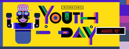 international youth day banner celebration. Colorful geometric frame and background for international youth day festival.のイラスト素材
