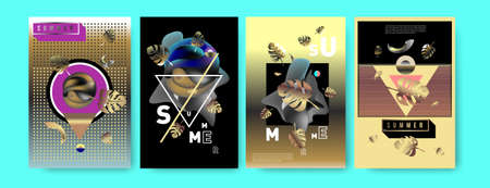 Colorful summer poster set. Tropical summer design template and cover. Summer illustration elements...