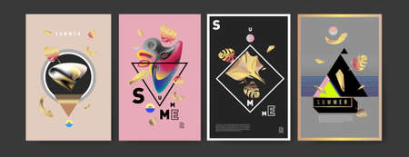 Colorful summer poster set. Tropical summer design template and cover. Summer illustration elements...