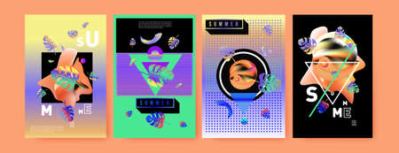 Colorful summer poster set. Tropical summer design template and cover. Summer illustration elements and background design templateのイラスト素材