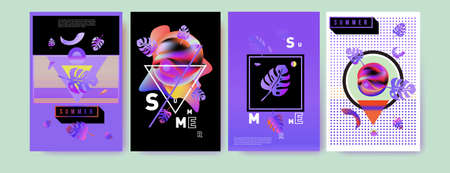 Colorful summer poster set. Tropical summer design template and cover. Summer illustration elements...