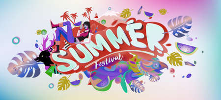 Vector colorful summer banner. Illustration tropical background for summer festival. Summer sale...
