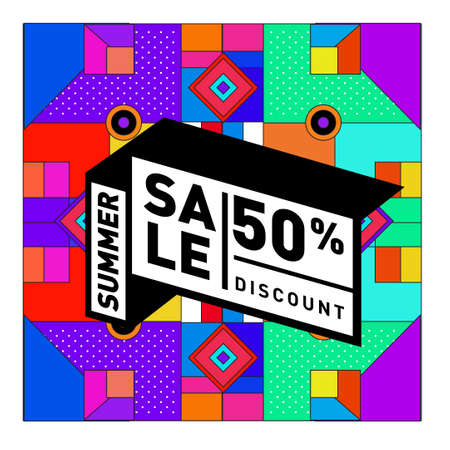 Summer Sale 50% Discount Banner with Colorful Abstract Geometric Background Pattern for social media feed and storyのイラスト素材