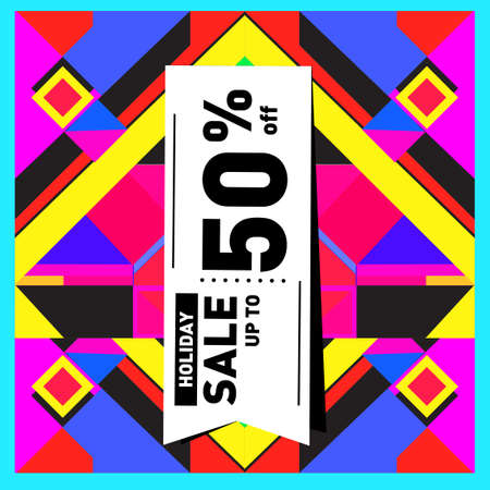 Summer holiday sale memphis style web banner design. Fashion and travel discount poster. Vector holiday abstract colorful illustration with special offer and promotion.のイラスト素材