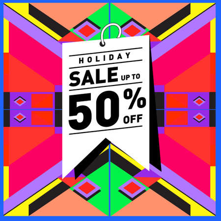 Summer holiday sale memphis style web banner design. Fashion and travel discount poster. Vector holiday abstract colorful illustration with special offer and promotion.のイラスト素材