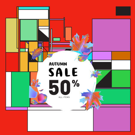Autumn sale memphis style web banner design. Fashion and travel discount poster. Vector holiday Abstract colorful illustration with special offer and promotion.のイラスト素材