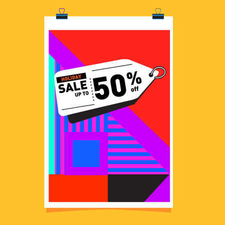 Summer holiday sale memphis style web banner design. Fashion and travel discount poster. Vector holiday abstract colorful illustration with special offer and promotion.のイラスト素材