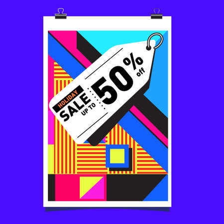 Summer holiday sale memphis style web banner design. Fashion and travel discount poster. Vector holiday abstract colorful illustration with special offer and promotion.のイラスト素材