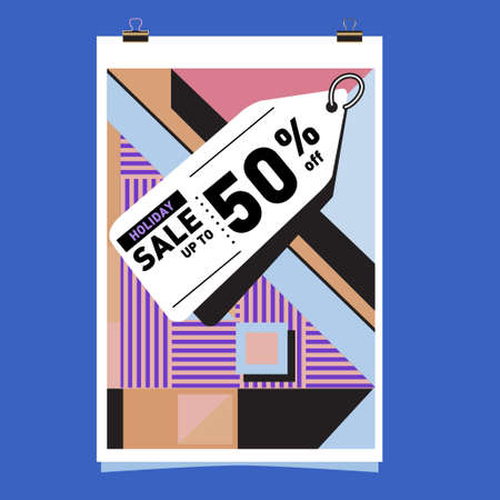 Summer holiday sale memphis style web banner design. Fashion and travel discount poster. Vector holiday abstract colorful illustration with special offer and promotion.のイラスト素材