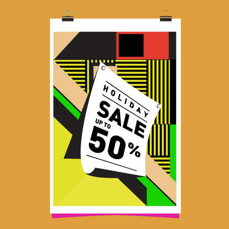 Summer holiday sale memphis style web banner design. Fashion and travel discount poster. Vector holiday abstract colorful illustration with special offer and promotion.のイラスト素材